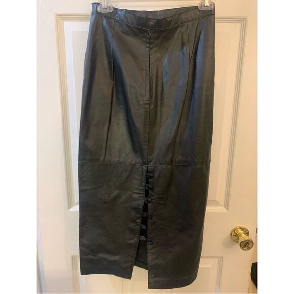 VINTAGE LEATHER SKIRT BLACK MIDI LENGTH Y2K OFFICE SIREN BUTTON DETAILS SZ 7/8 - Picture 7 of 9